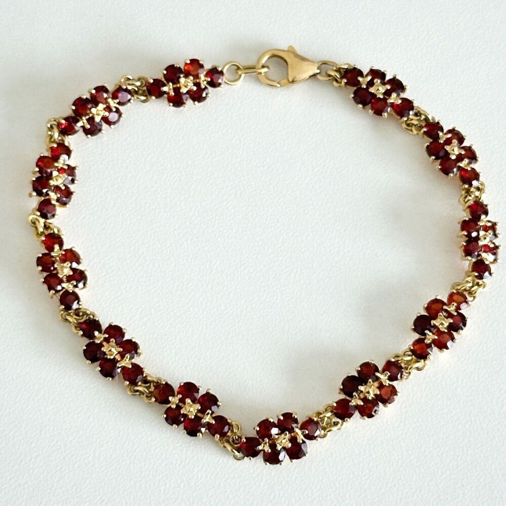 Vintage 18K Solid Yellow Gold Genuine Garnets Tennis Chain Link Bracelet 7.5"